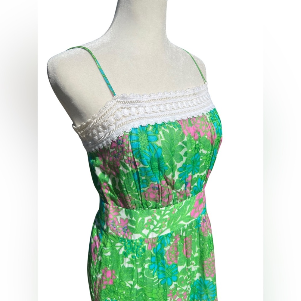 MILLY Green Pink Floral Garden Sun Dress Lace Trim *As Seen on Dexter TV* Sz 2 - Picture 3 of 14